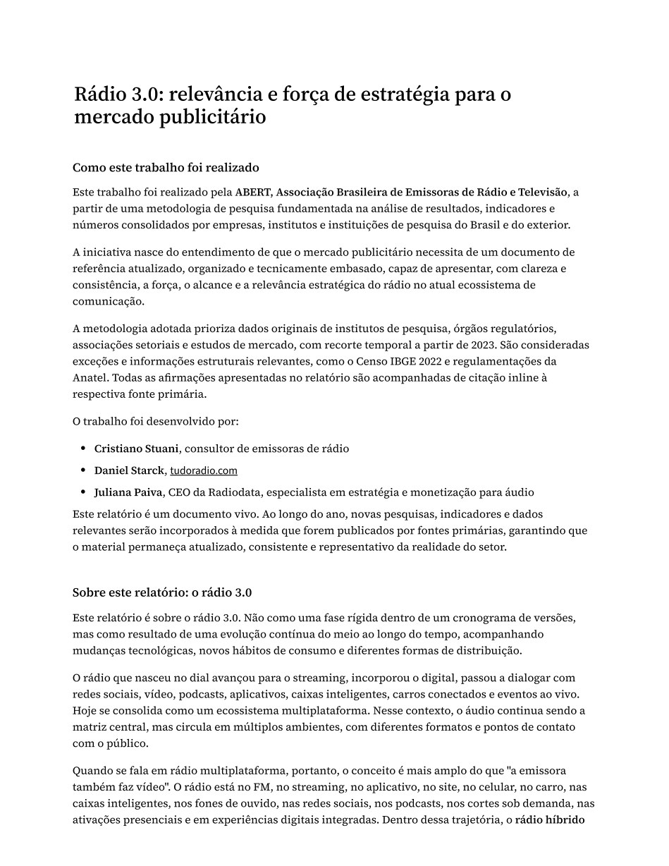 Página 1 do estudo: Sobre este relatório: o rádio 3.0